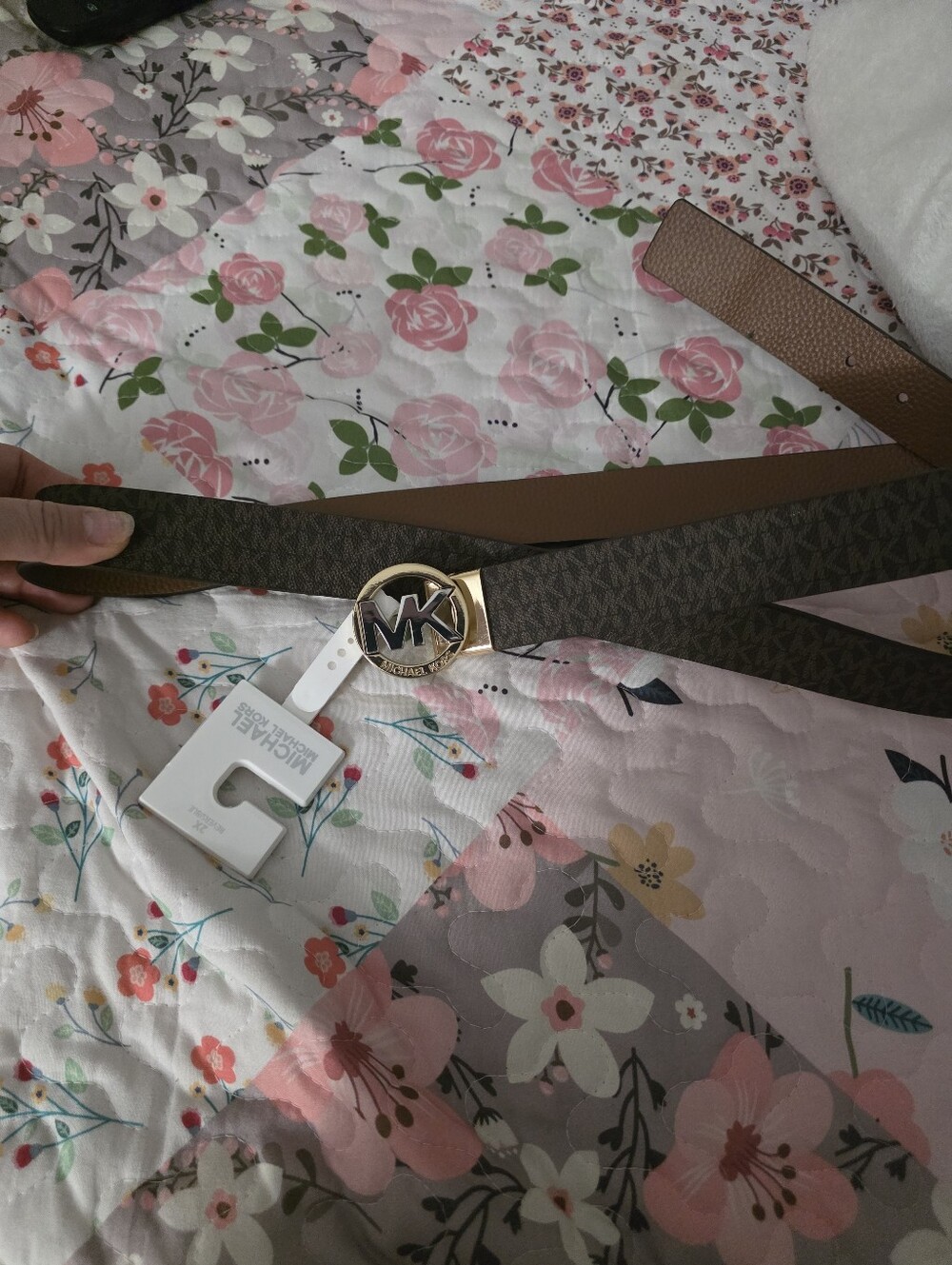 Michael Kors Brown Logo Reversible Belt with Gold MK Medallion